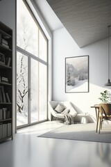 Interior design - Minimal modern white clean room 3d render. There are white couch, plant pots and big pictures on walls. Large windows looking out to see nature. Generative AI