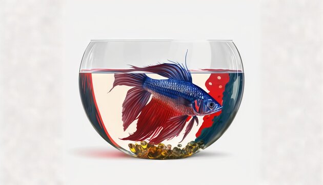  a goldfish in a bowl of water with a red background and a white background with a white border and a red and blue fish in it's water bowl.  generative ai