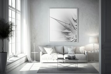 Interior design - Minimal modern white clean room 3d render. There are white couch, plant pots and big pictures on walls. Large windows looking out to see nature. Generative AI