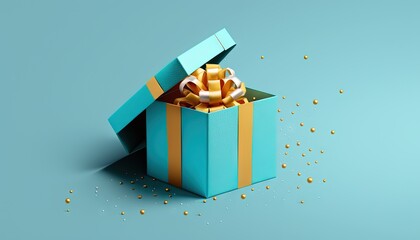  a blue gift box with a gold ribbon and a bow on top of a blue background with gold confetti scattered around the box.  generative ai