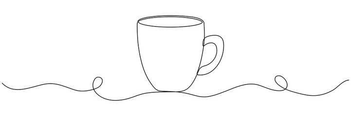 Cup continuous line drawing. Coffee or tea cup one line art. Vector isolated on white.