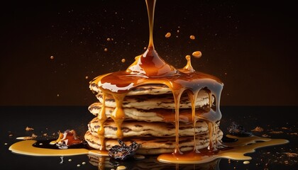Fototapeta na wymiar a stack of pancakes covered in caramel syrup and drizzled with chocolate and caramel syrup on a black surface with a black background. generative ai