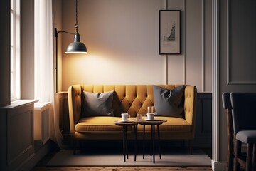 The room has a double seater sofa with sunlight entering it from the window. There are decorations on the walls. Coffee table in the front. 