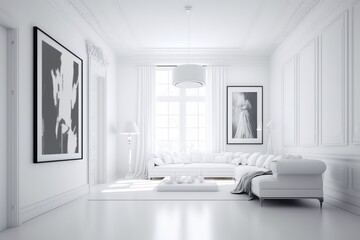 Fototapeta na wymiar Minimal modern white clean room 3d render. There are white couch, plant pots and big pictures on walls. Large windows looking out to see nature. Generative AI