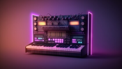  a computer keyboard with a lot of knobs and a lot of lights on it's side and a neon light behind it that is lit up.  generative ai