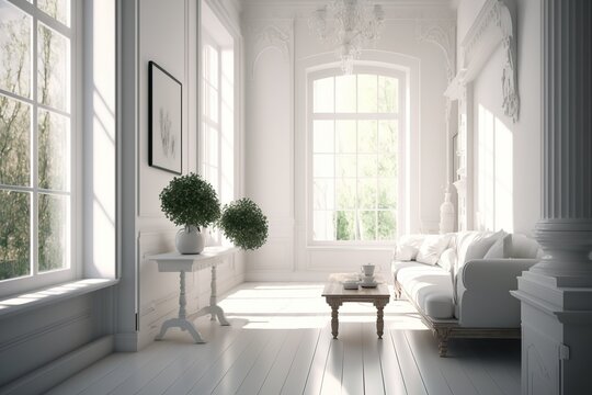 Minimal modern white clean room 3d render. There are white couch, plant pots and big pictures on walls. Large windows looking out to see nature. Generative AI