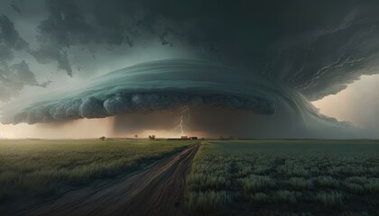  a large storm is coming over a field with a dirt road in the foreground and a house in the distance in the distance with a green field in the foreground.  generative ai