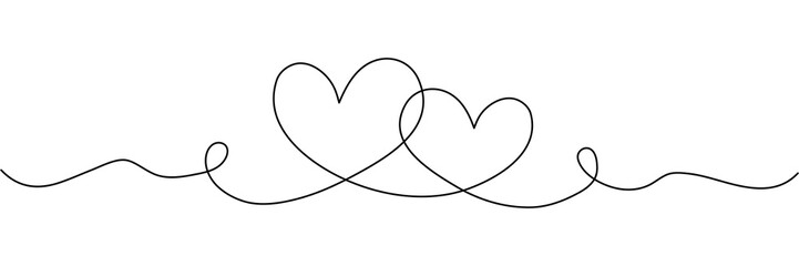 Two hearts continuous line art drawing. Double heart wavy line. Vector illustration isolated on white.