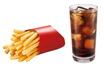 deliciosas batatas fritas crocantes acompanhado de copo de refrigerante com gelo - Fritas com soda