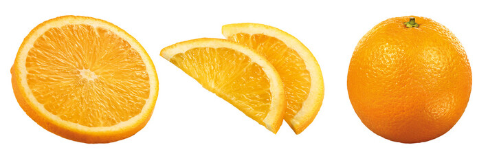 Fototapeta na wymiar Conjunto de laranjas frescas - laranja inteira, laranja cortada e pedaços de laranjas