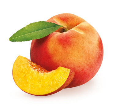 Delicioso p&ecirc;ssego fresco com folha - p&ecirc;ssego inteiro e fatia p&ecirc;ssego