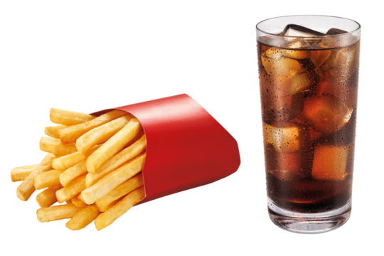 deliciosas batatas fritas crocantes acompanhado de copo de refrigerante com gelo - Fritas com soda