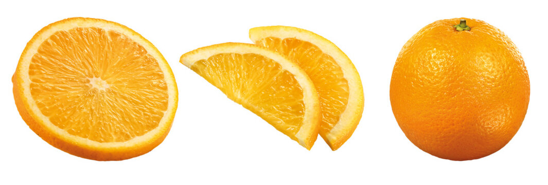 Conjunto de laranjas frescas - laranja inteira, laranja cortada e pedaços de laranjas