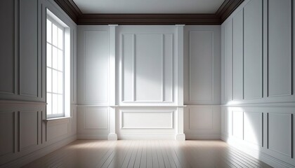  an empty room with white walls and wooden floors and a window with a view of the outside of the room and the floor is made of wood.  generative ai