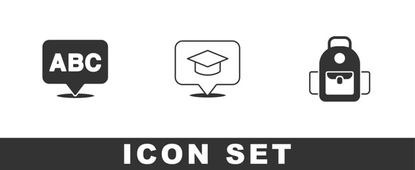Set Alphabet, Graduation cap in speech bubble and School backpack icon. Vector