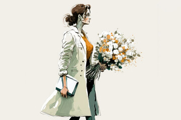 Doctor woman carries a bouquet of spring flowers. Generative AI.