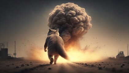  a cat is walking towards a huge explosion of smoke and smoke in the distance, with a building in the background, and a sky filled with clouds of smoke and dust.  generative ai