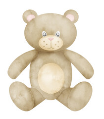 Teddy Bear baby Toy. Hand drawn watercolor illustration for little boy or girl in pastel beige colors. Cute animal for kid. Character for childish greeting cards or invitations. Colorful drawing