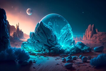 Fototapeta na wymiar Night bioluminescent scene. Starry sky. Fantasy landscape. Glowing surface. Alien planet. Generative AI illustration.