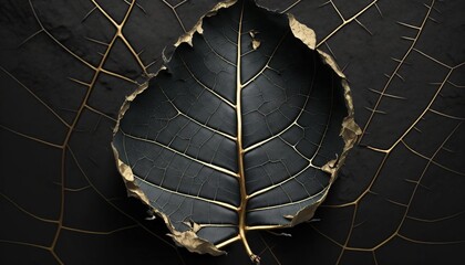  a black and gold leaf is shown in this artistic photo of a leaf that has been cut in half and has been placed on a black surface.  generative ai