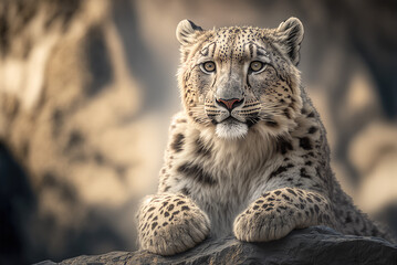 A relaxed snow leopard sitting on a rock with a blurry background of rock. Portrait of the animal. Close up. Generative AI
