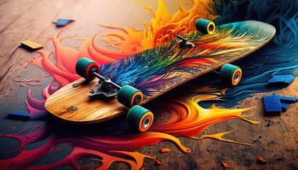   a skateboard with a colorful design on it sitting on a floor with paint splatters all over the floor and a wooden floor.  generative ai © Shanti