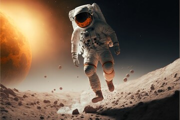 Astronaut exploring and floating on moon, created using generative ai technology