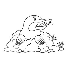 Cartoon cute mole for coloring page. Vector illustration of a mole in a hole