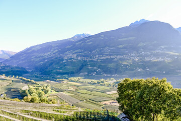 Fototapeta premium Dorf Tirol, Passeier, Fluss, Passeiertal, Vorderpasseier, Hafling, Meran, Weinberge, Obstbäume, Wanderweg, Herbst, Erntezeit, Südtirol, Italien