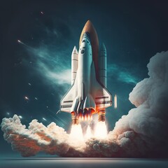Spaceship taking off over night sky against cloud background, created using generative ai technology