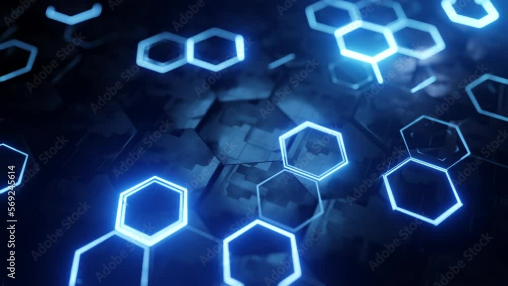 Poster futuristic hexagon background. 3d render. abstract blue hexagonal pattern. random motion. seamless l