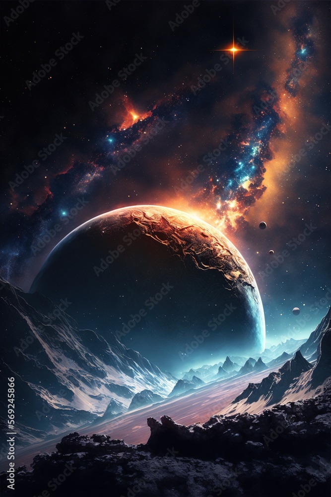 Wall mural image of planets, stars and outer space and sky, created using generative ai technology