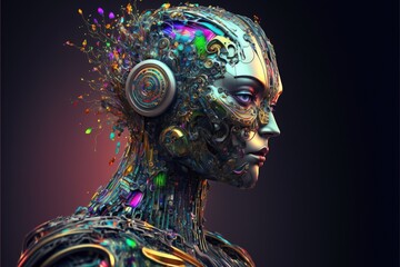 Futuristic cyborg woman with colorful parts on her body created using generative ai technology