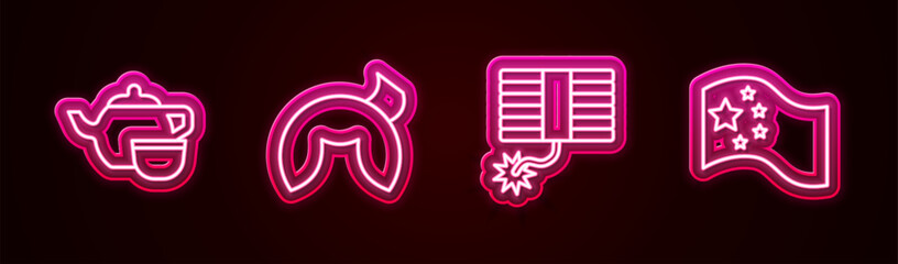 Set line Chinese tea ceremony, fortune cookie, Firework and China flag. Glowing neon icon. Vector