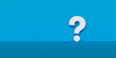 White question mark symbol on blue wall room with copy space, question, faq or brainstorming concept,