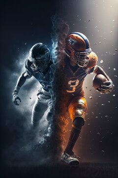 Super bowl poster. Super bowl players versus in space. American football player. Sportsman with ball in helmet on stadium in action. Sport wallpaper. Sport and motivation wallpaper.