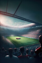 Football stadium with lights and supporters created using generative ai technology