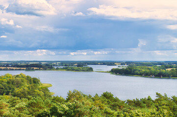 view of Krakow am See. Lakes landscape with dense forests on the shore. Vacation