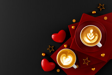 Coffee lover. Top view of hot Coffee cup with a barista art heart shape foam , red heart and card background.  Festive card for Valentines Day. top view. flat lay. 3D illustration