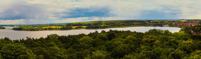 view of Krakow am See. Lakes landscape with dense forests on the shore. Vacation