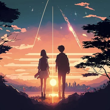 Anime Couple looking at Sunset, Anime Digital Art illustration for background  wallpaper. Generative AI Stock Illustration