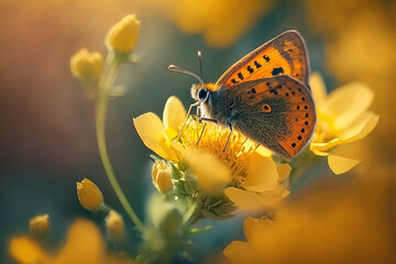 Beautiful cute yellow butterfly on orange flower in nature outdoors in spring summer on bright sunny day, macro, Generative AI