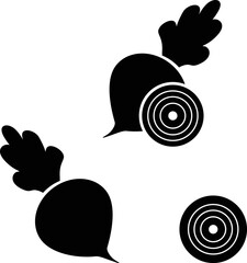 Beet, vector icon. Black beets with tops on a white background. Whole and cut beets.