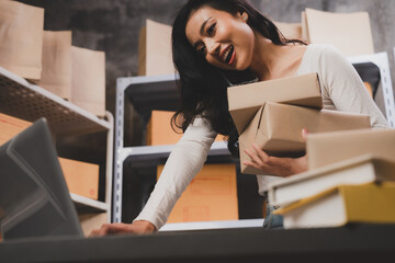 Smiling and successful young female Asian warehouse manager and worker working in storage house while checking package and parcel and placing in shelf and rack