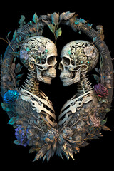 Two biomechanical skeletons kissing. Beautiful Soulful. Generative AI