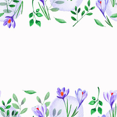 Fototapeta na wymiar Watercolor seamless frame with spring flowers crocuses for invitations, greeting, decor