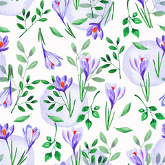 Fototapeta na wymiar Watercolor floral purple seamless patern with leaves and crocuses nature background