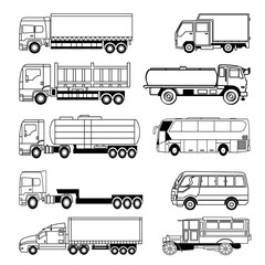 set of trucks, set of trucks silhouettes, trucks icons, truck sketch, transportation icons,