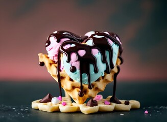 Ice cream and waffles heart isolated copy space background. Love ice cream and waffles concept.