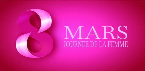 carte ou bandeau pour pour fêter la journée de la femme le 8 mars en blanc sur un fond rose avec le chiffre 8 en rose et blanc
